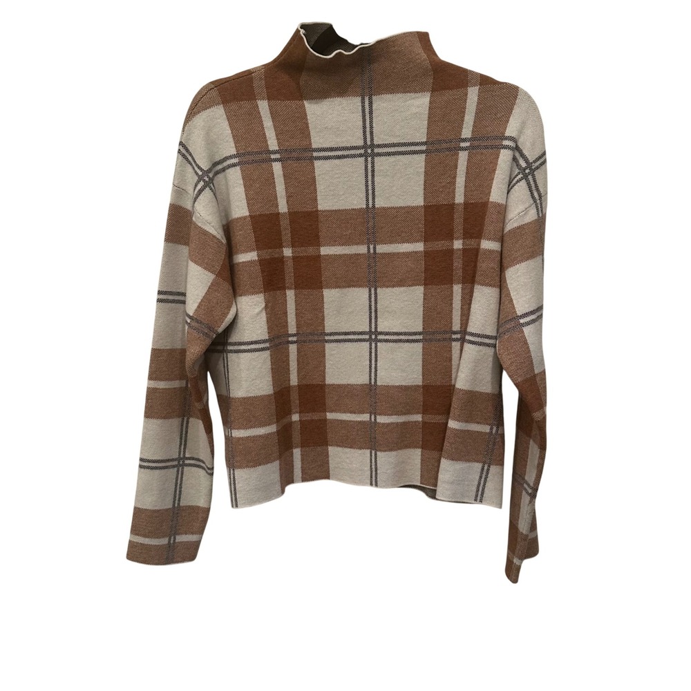 Tahari Women`s Mock Neck Plaid Sweater Size Lβ Brown White Long Sleeve Knit Top
